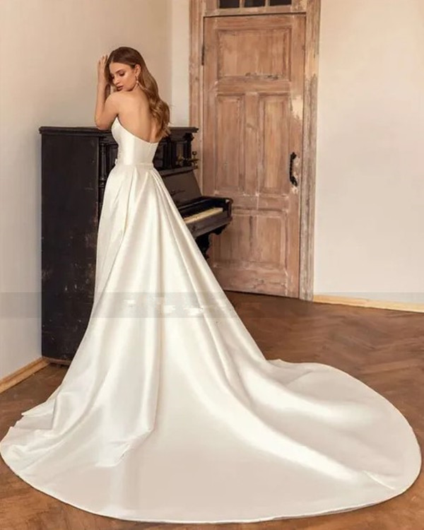 Elegant Ivory Detachable Train Dresses Mermaid Satin Church Bride Dress 2024 Women Wedding Gowns Vestido De Noiva Sereia