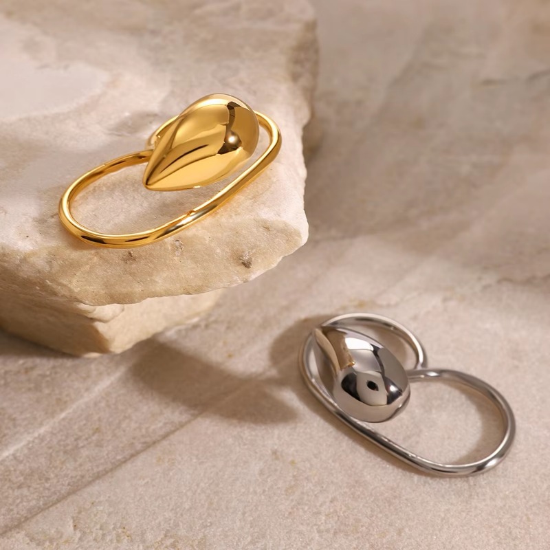 Luxury Stainless Steel 18K Gold Plated Ring Women Jewelry Fashionable Water Drop Double Finger Ring Size 7