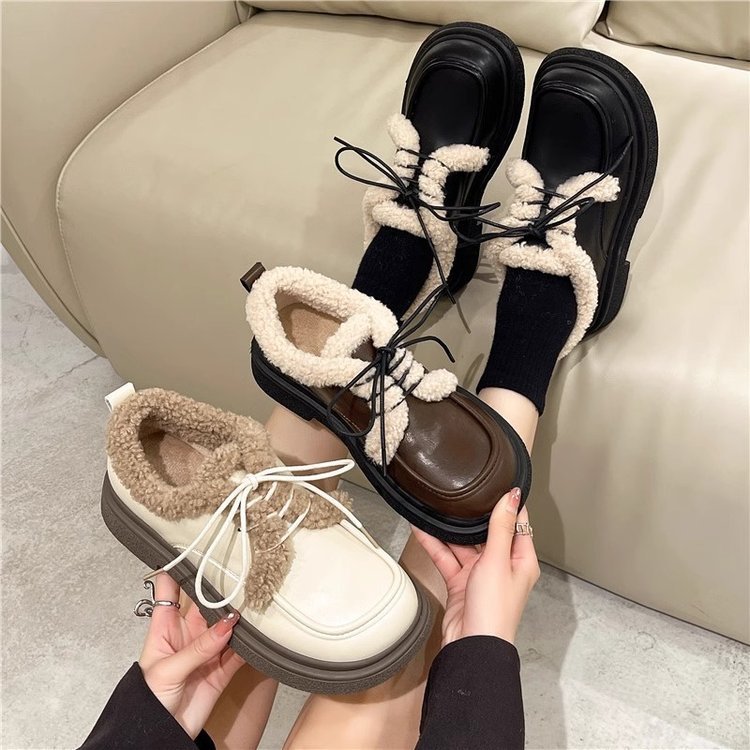 Women's Winter Fleece Shoes: Slip-on Versatile Leather Casual Shoes, Black/Beige/Brown 5f04