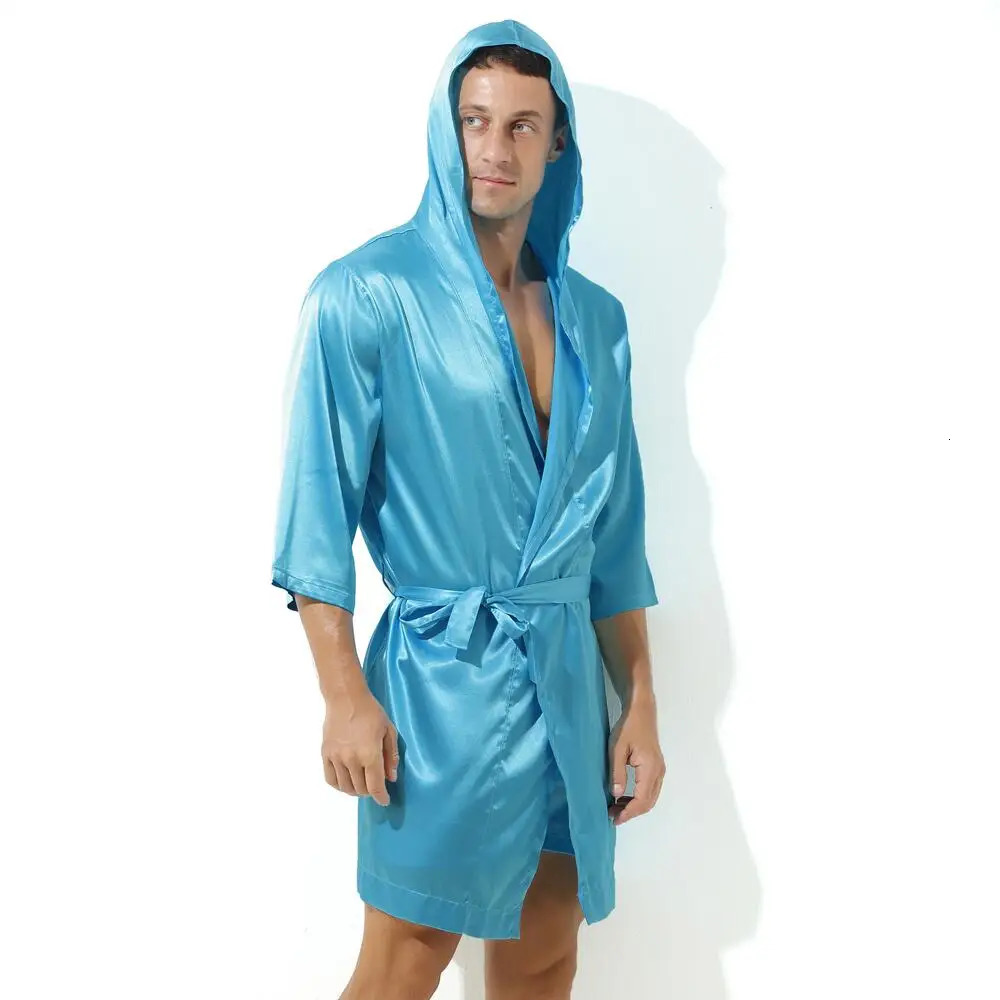 Sexy pajamas mens long robe bathroom soft silk short sleeved pajamas mens pajamas without shorts 241023
