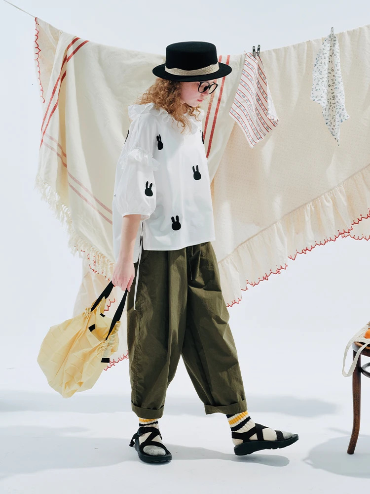 IMAKOKONI original green elastic waist casual pants pocket solid color loose casual pants for women 234054 241023