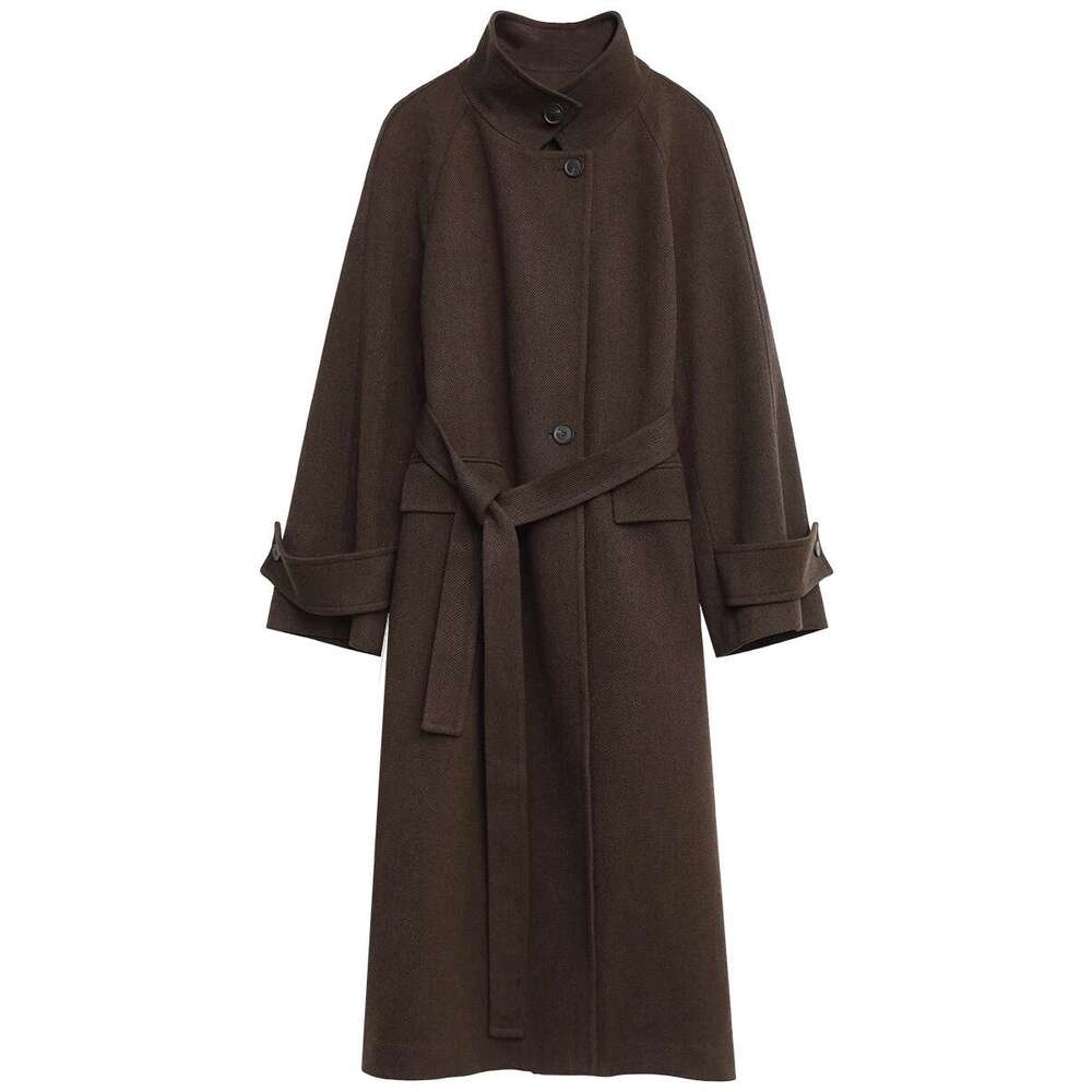 CHIC VEN Women's Overcoat Single Breasted Loose New Long Coat Stand-Up Collar Female Topcoat With Belt Autumn Winter 2024