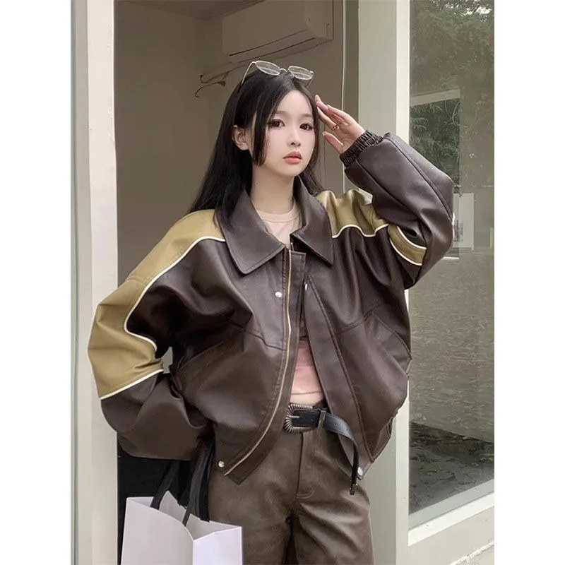 American Retro Splicing Comparison Leather Jacket Womens Y2K Street Fashion Gothic Harajuku BF Sweet Cool Motorcycle Jacket 241024