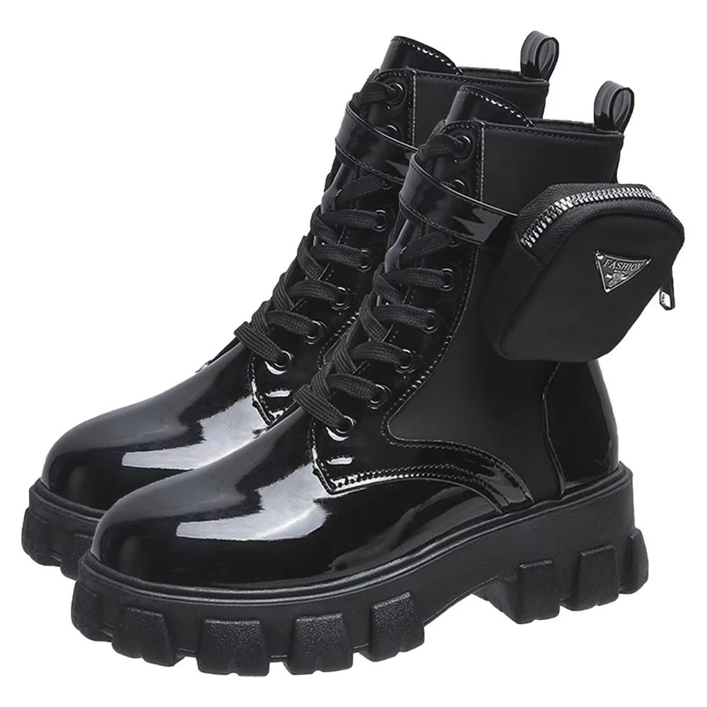 Designer Bright Top Thick Platform Winter Women's Lace-Up Combat With Pocket Mid-Calf For Women's Cold Weather Ankle Boots