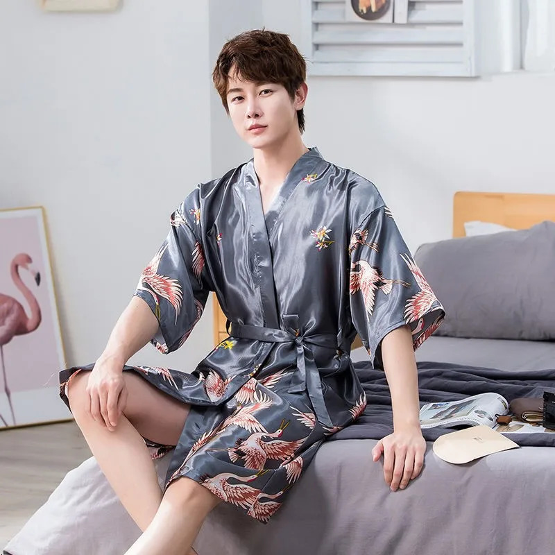 Mens satin kimono pajama set pajama half sleeved printed crane pajama home dress lounge dress evening dress bathroom 241023