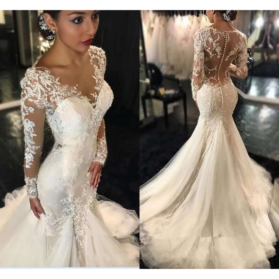 Modern Mermaid Dresses Sexy Long Sleeves Lace Appliques Beaded Sheer Back Plus Size Court Train Custom Wedding Dress Bridal Gowns