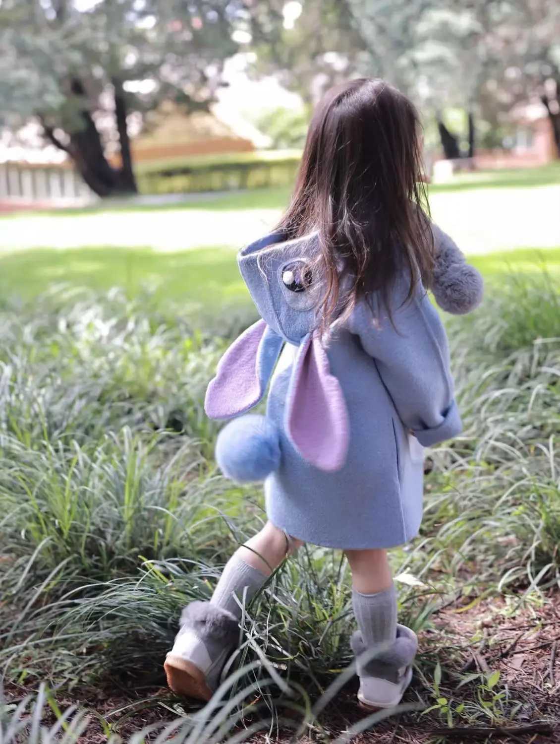 Autumn and Winter Girls New Sewing Coat Purple Rabbit Childrens Hoodie Fashion Long Sleeve Wool Coat W241023
