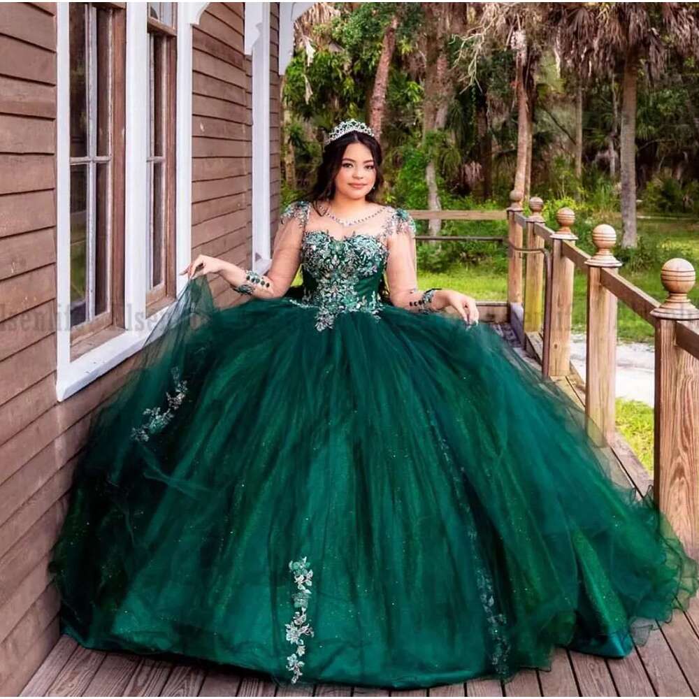 Emerald Green Quinceanera Dress Long Sleeve Crystal 3D ral Appliques Lace Princess Sweet 16 Ball Gown Vestidos De 15 BC19676