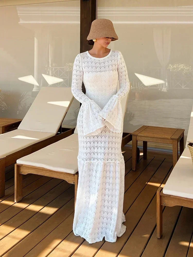 Womens elegant O-neck sexy hollow pleated sleeve dress autumn Russian womens knitted long dress A2935 241024