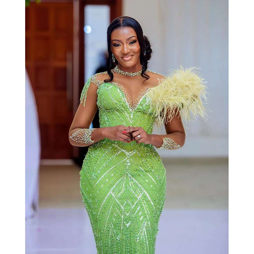 Feather Beaded Evening Formal Party Second Engagement Birthday Gowns ZJ143 Aso Ebi Green Mermaid Prom Dresses