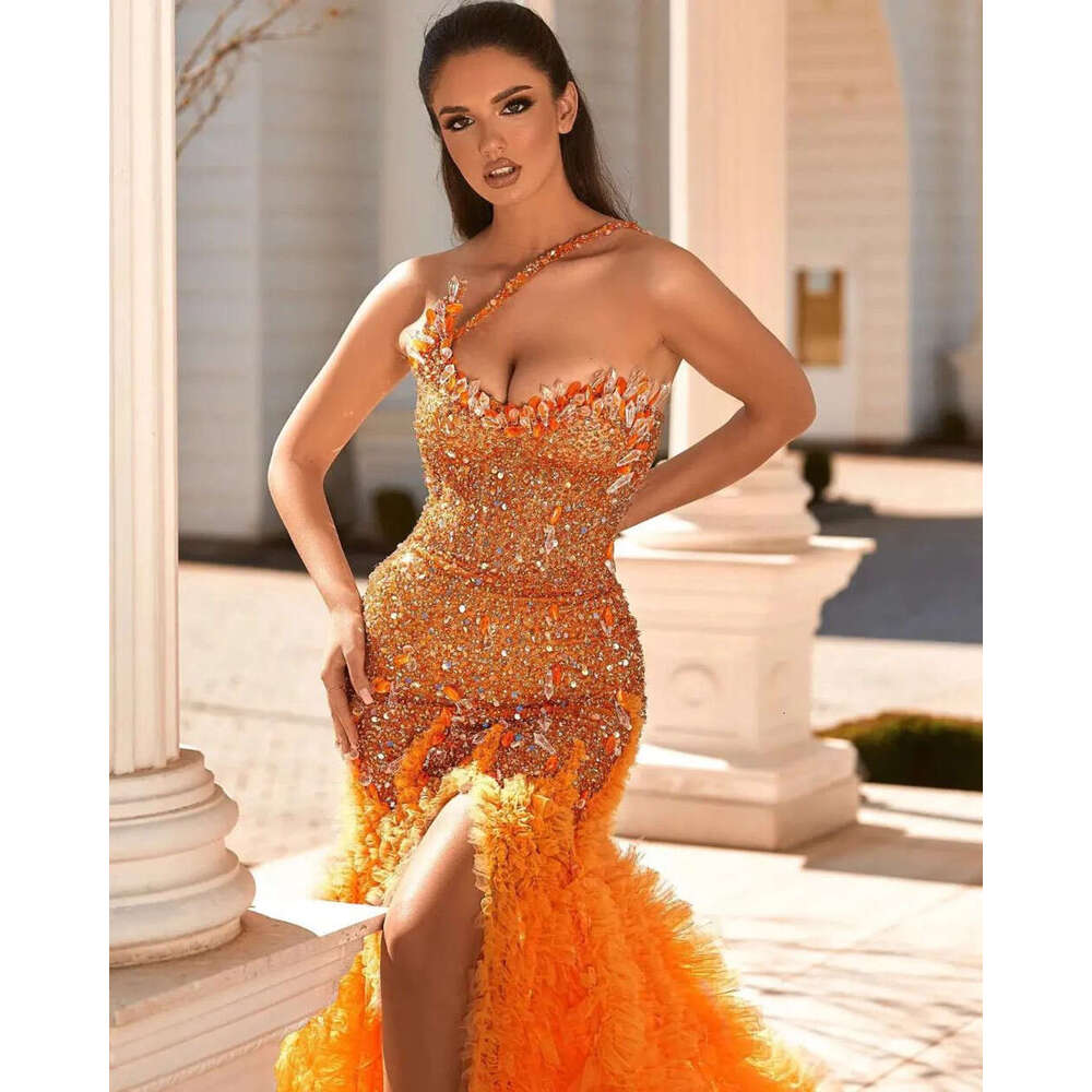 2023 Sequins Prom Dresses Sexy One Shoulder Tiered Ruffles Gowns Party Dress Special Occassion