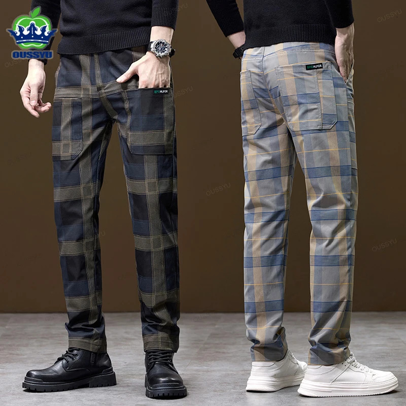 plain weave checkered pattern casual pants for men in autumn and winter with thick business elasticity and slim waist suitable for Korean pocket pants