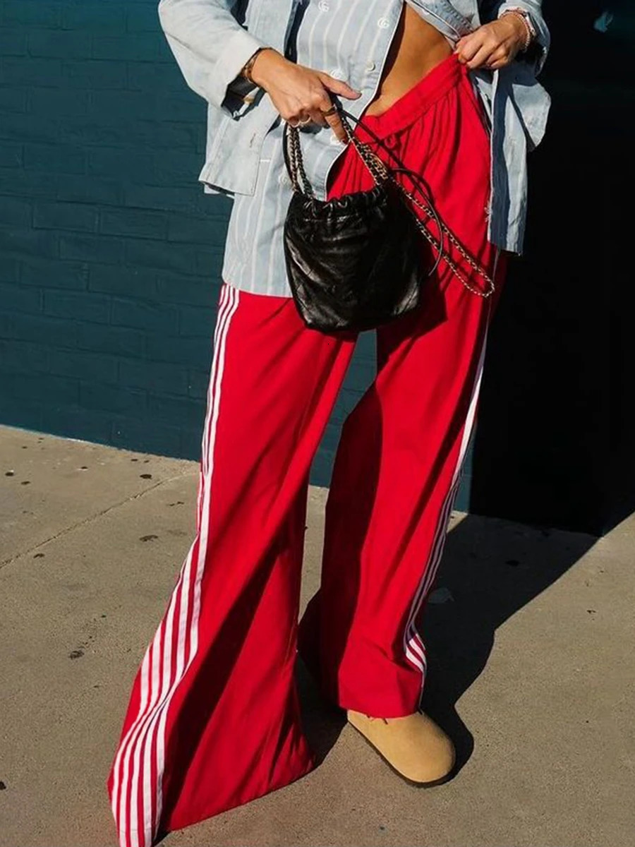 Womens Y2k wide leg track pants with pockets side stripes jogging pants elastic waist colorful block parachute pants with pockets 241023