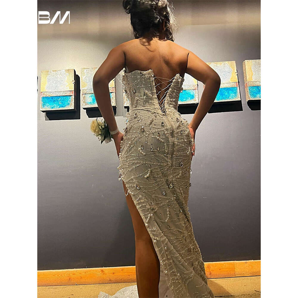 Strapless Beaded Prom Dress With Pearls And Rhies Women Formal Ocn Dresses Sexy Slit Wedding Party Gown 2024