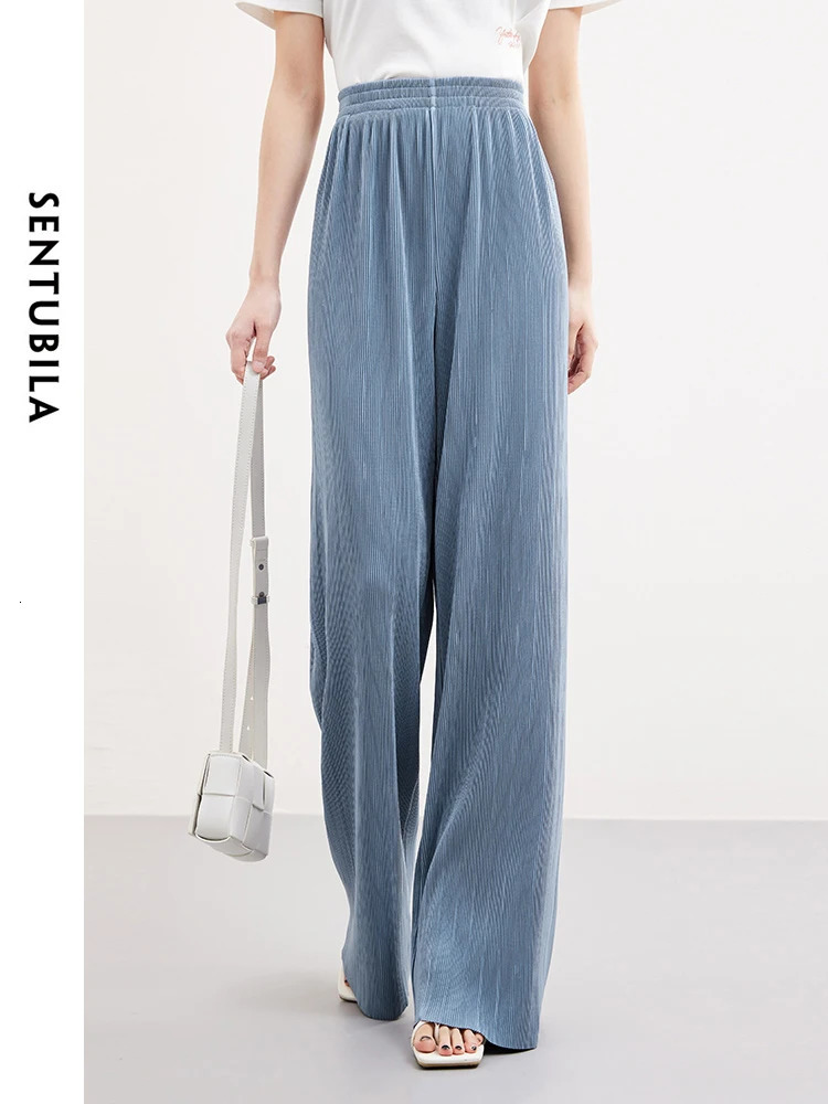 SENTUBILA Blue Elegant High Waist Wide Leg Pants Spring/Summer Elastic Waist Straight Loose Womens Trouser 141K53093 241023