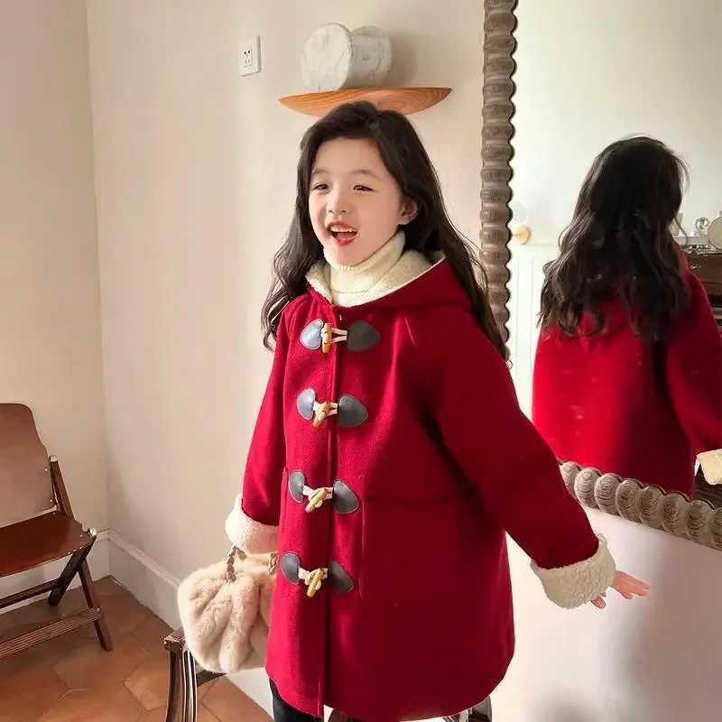 Horn button jacket winter new childrens wool jacket baby girl apron warm and comfortable W241023