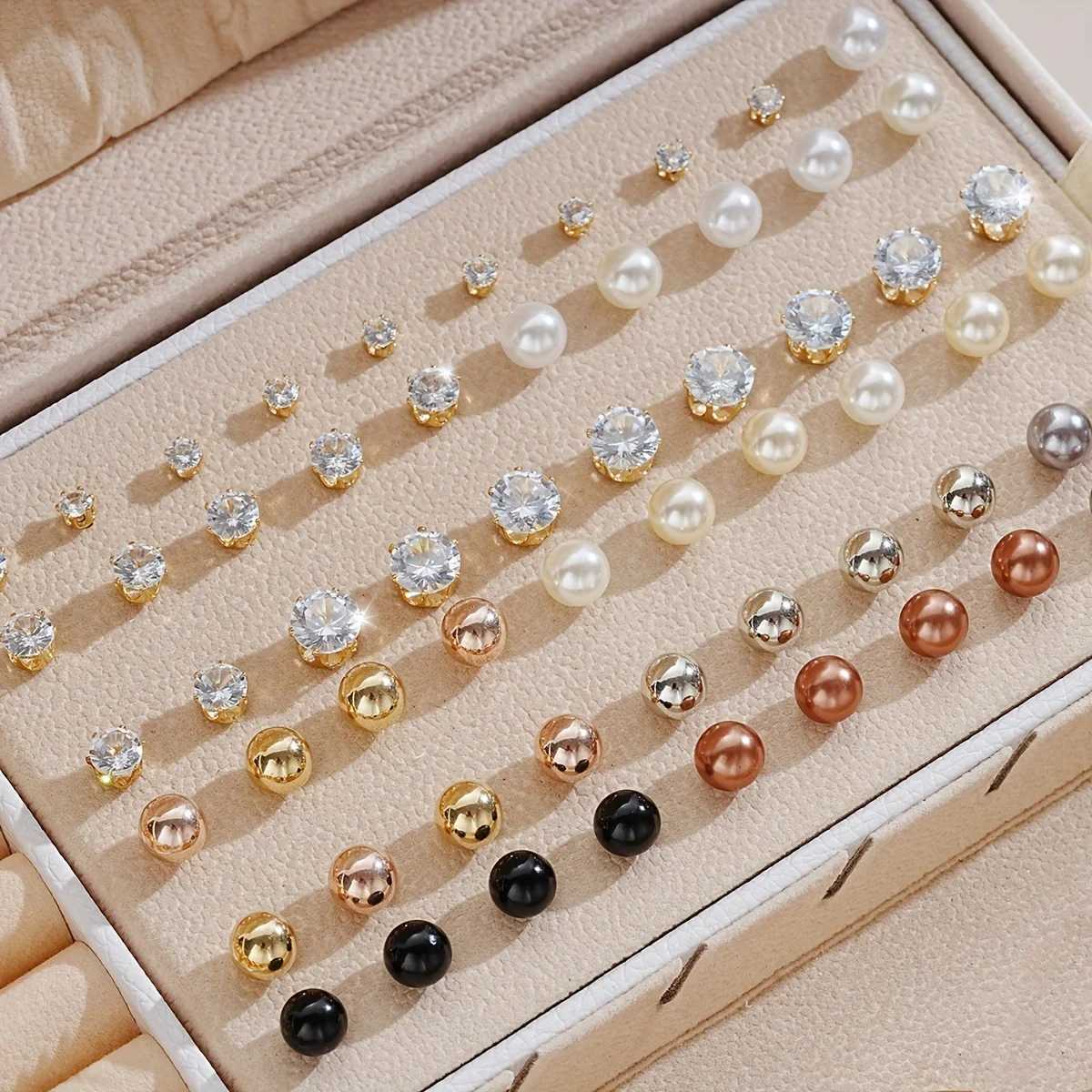 30 pairs of fashionable mini imitation pearl zircon earrings set suitable for women to wear daily clothing fashionable jewelry new 2024 W241023