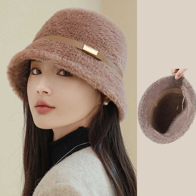 Elegant pearl bucket hat plain color fisherman INS hat autumn and winter fur wool cute outdoor warm Panama hat for ladies X241023