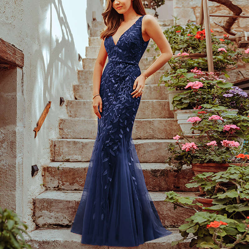 2023 JINZUO Sleeveless V-neck Tulle Sequins tail Dresses V-back Mermaid Party Prom Gowns Plus dresses woman party night