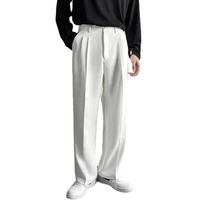 Japanese and Korean Men Thin Pendant Casual Dress Pants Men Ins Nine Points Loose Straight Leg Casual Wide Leg White Suit PantsX241023