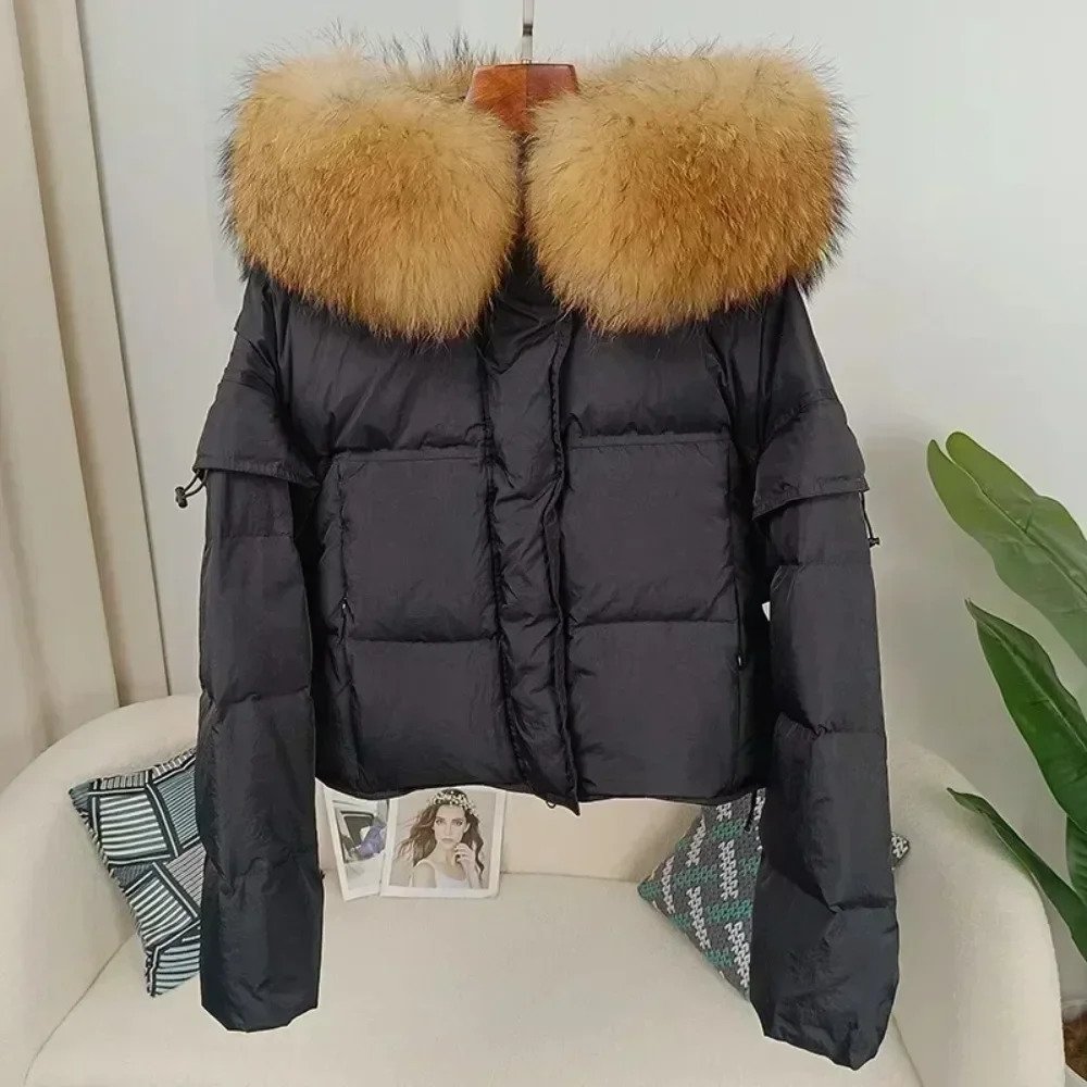 Coat Autumn Winter Womens Hoodies Fashionable Street Clothing Detachable Sleeves Genuine Raccoon Fur Collar Jacket Down Jacket 241023