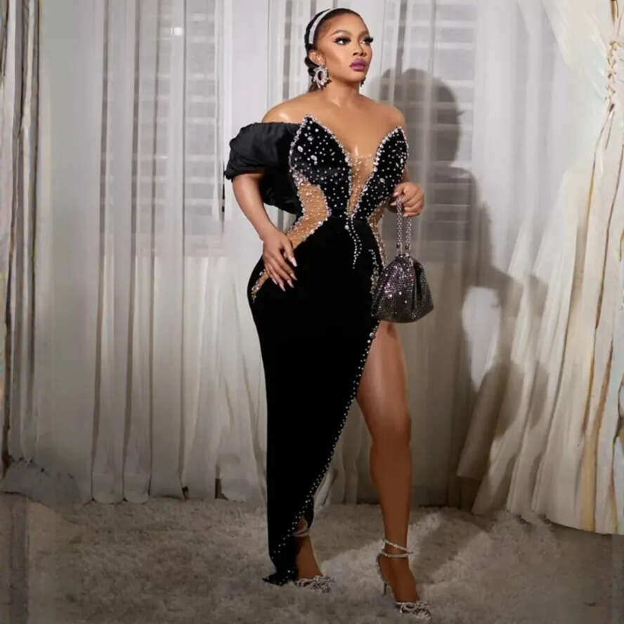 Mermaid Asymmetrical Aso Ebi Prom Dresses One Shoulder Sleeves Front Split Black Sexy Gala Sparkg Dress Event Dance Evening Gowns Short