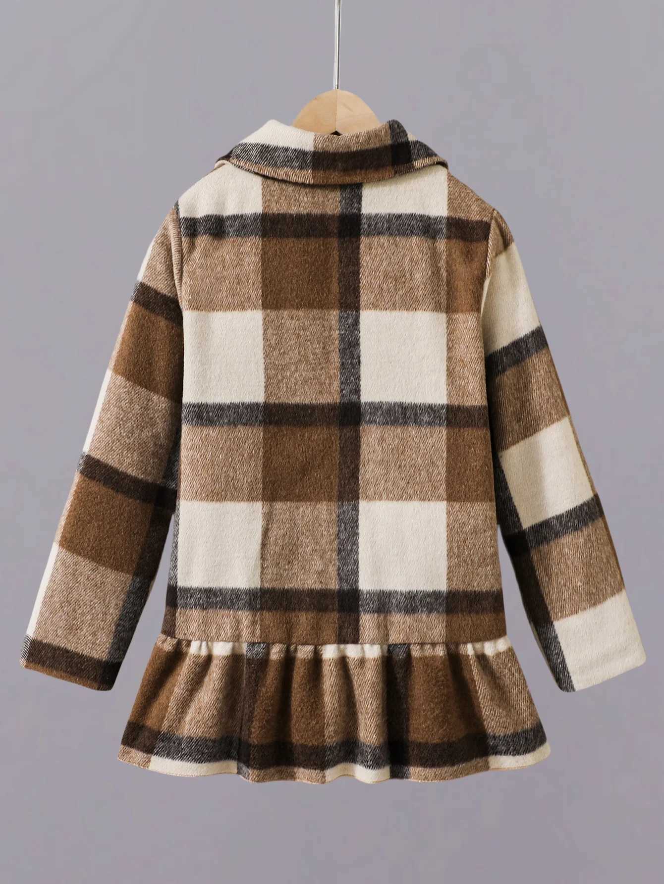 Autumn and Winter Childrens Girls Fashion Collar Plain Button Long Sleeve Patch Tips and Cashmere Warm Wool Coat W241023