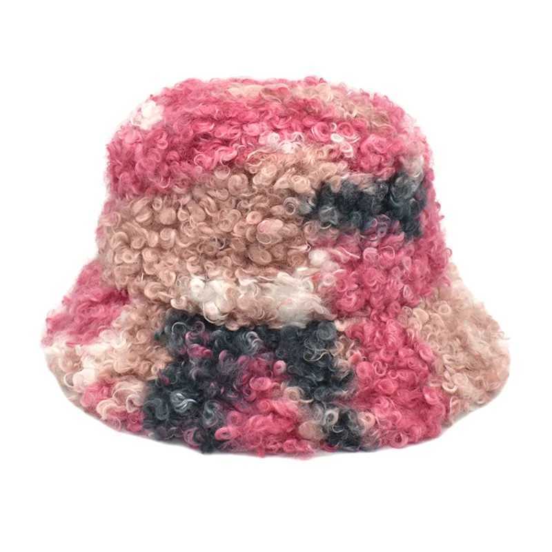 Bucket hat new winter base hat tie dye lamb wool trend female thigh fisherman hat autumn and winter hat X241023