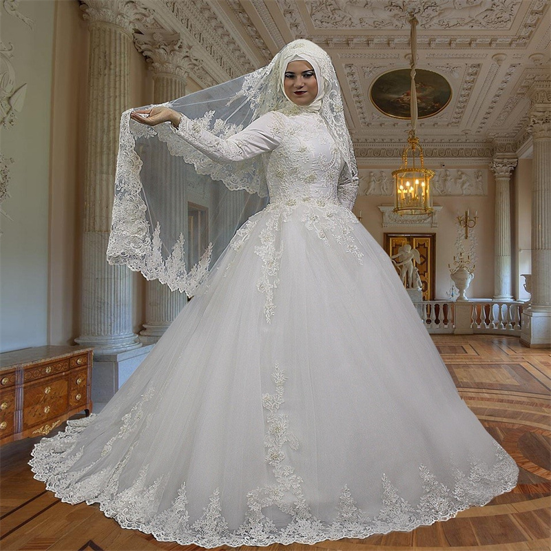Gorgeous Muslim Wedding Dresses White A Line High Neck Lace Civil Bridal Dress Long Sleeve Islamic Grecian Country Garden Bride Dress Elegant Vestio D