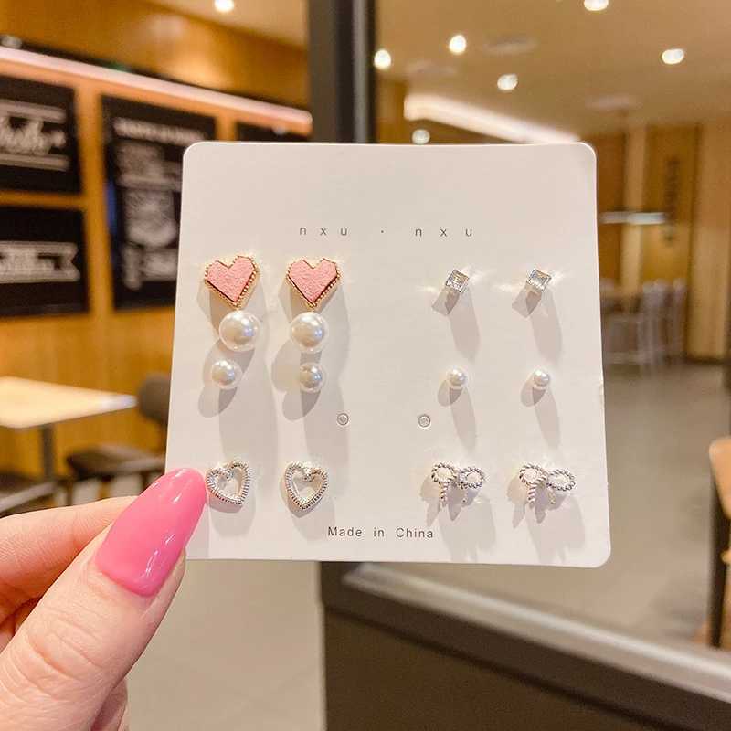 Trend Pink Heart Bowknot Pearl Stud Earrings Set for Women Girl Cute Exquisite Mini Earrings Jewelry Gift Wholesale Direct SalesX241023