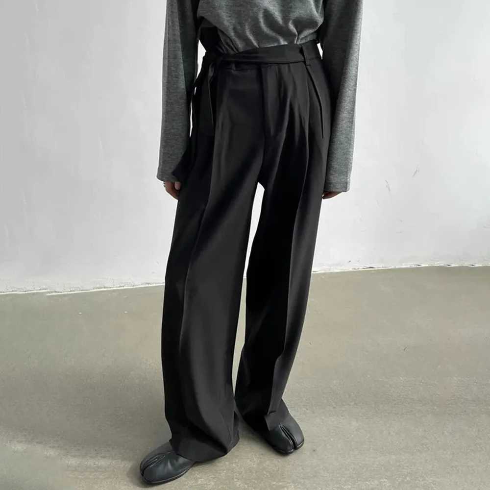 Harajuku Belted Suit Pants Mens Fashion Oversize Casual Trousers French Loose Wide Leg Pants Streetwear Blazer PantnX241023