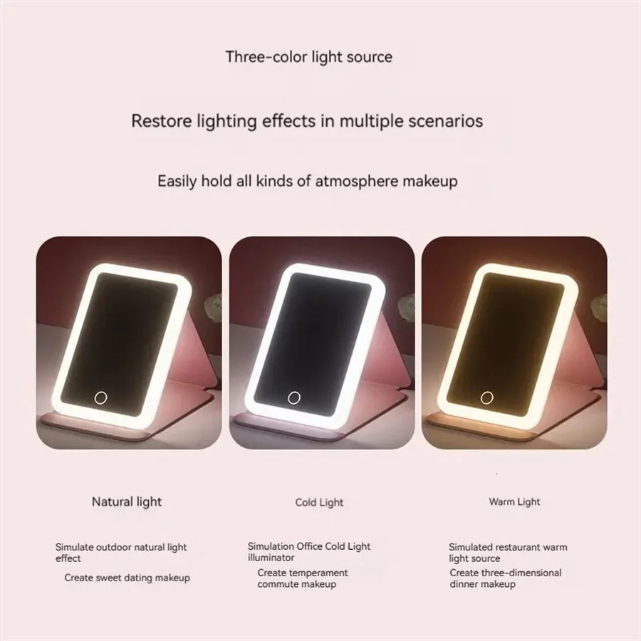 Makeup mirror Folding makeup 1 piece portable LED with ring light threecolor selfstanding 241024