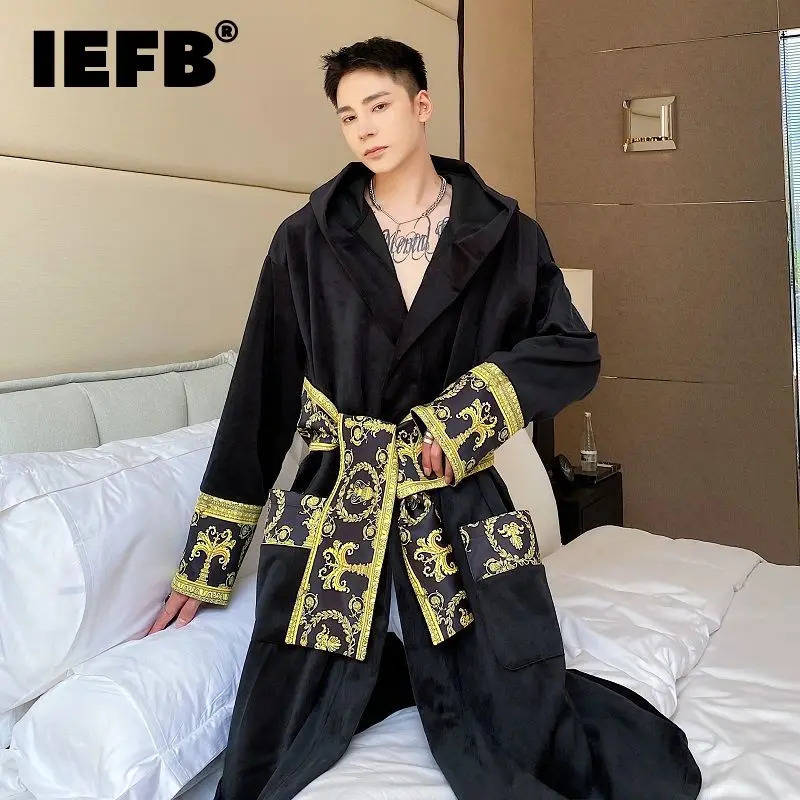 IEFB Winter Thick Comfortable Velvet Light Hoodie Long Night Light Mens Fashion Robe Belt Warm Clothes 9Y9924 241023