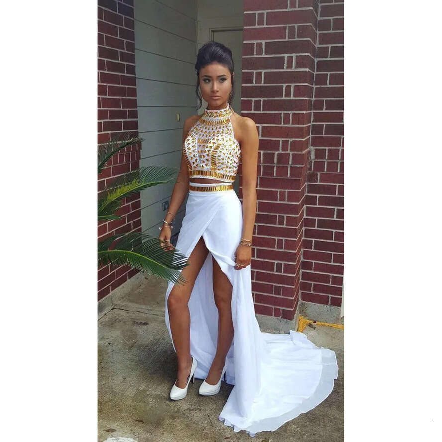 2018 African Gold Crystal Two Piece Dresses Neck White Chiffon Sexy High Split Prom Party Gowns Open Back Women Pageant Dress