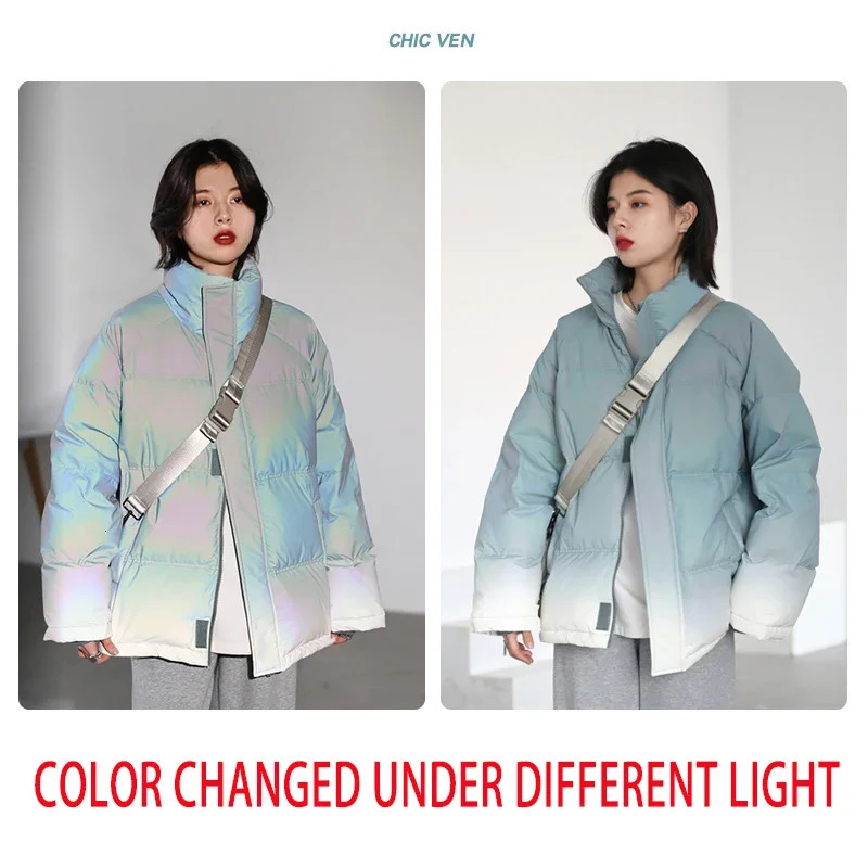 CHIC VEN Womens Down Jacket Reflective Gradient Thick Womens Bread Coat 90 White Duck Down Jacket Warm Coat for Winter 241023