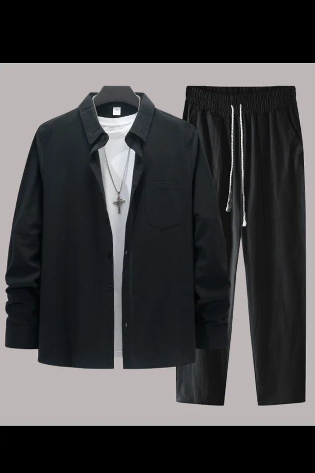 Mens cotton linen long sleeved shirt casual long sleeved pants two sets 241024