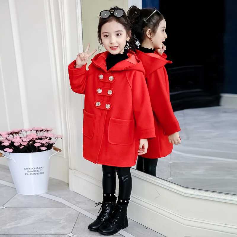 Childrens wool coat autumn and winter girls thick coat student fashion hooded wool coat P357 W241023