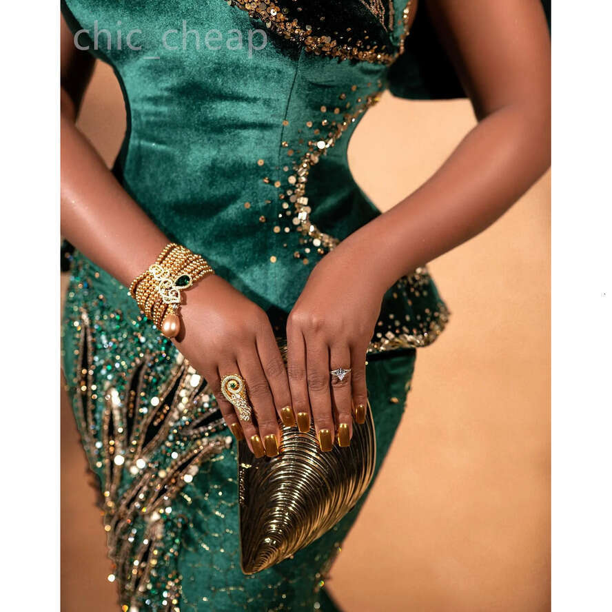 Aso Ebi Dark Green Mermaid Prom Dress Beaded Sequined Lace Veet Evening Formal Party Second Reception Birthday Engagement Gowns Dresses Robe De Soiree