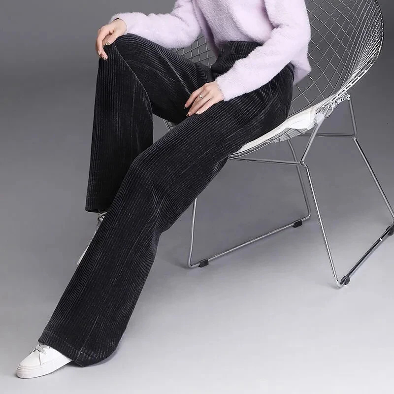 Rimocy Elastic Waist Corduroy Pants Womens Autumn Winter Straight Velvet Pants Womens Pocket Loose Casual Mens 241024