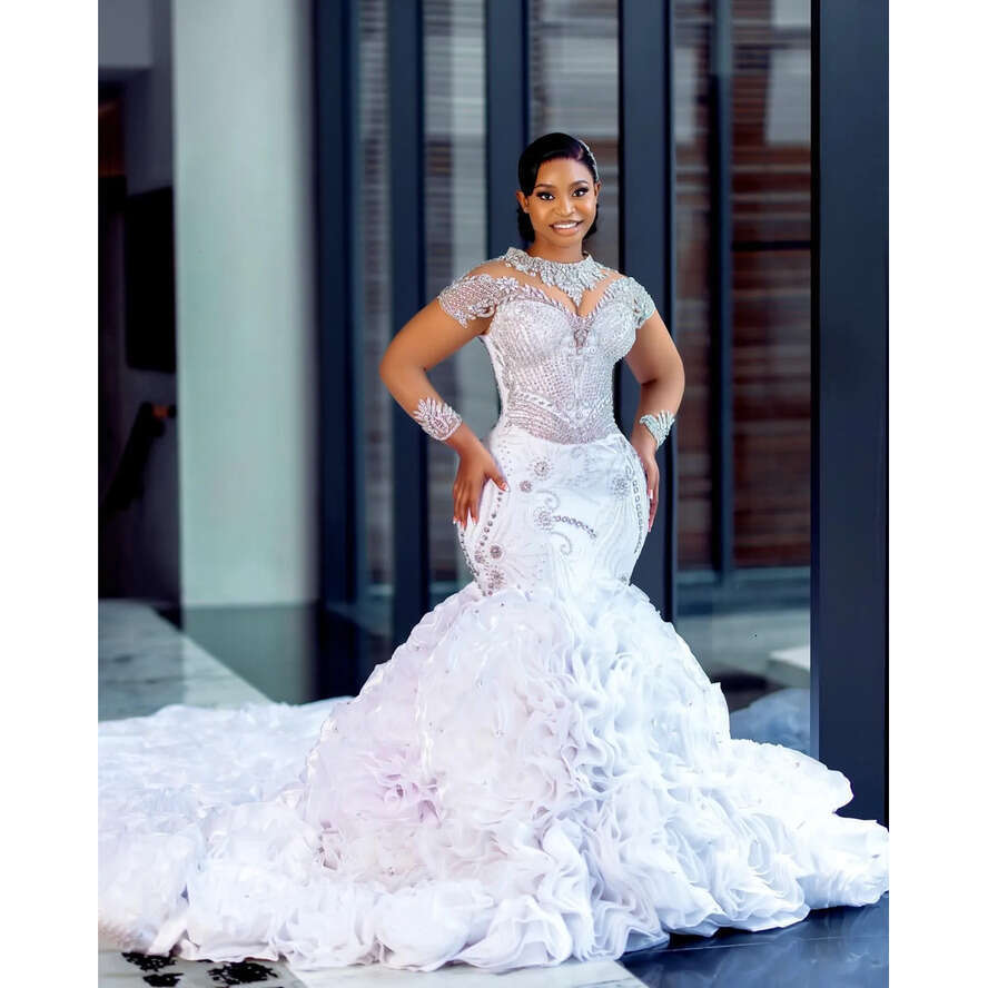 2024 Plus Size White Mermaid Wedding Dresses Lace Organza Tiers Bridal Gowns