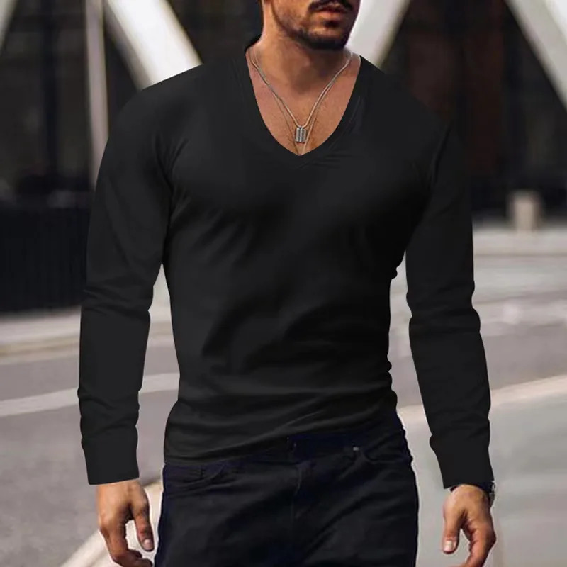 Spring/Summer/Autumn Mens T-shirt Casual Long Sleeve Fitness Solid Sexy V-neck Mens T-shirt 241024