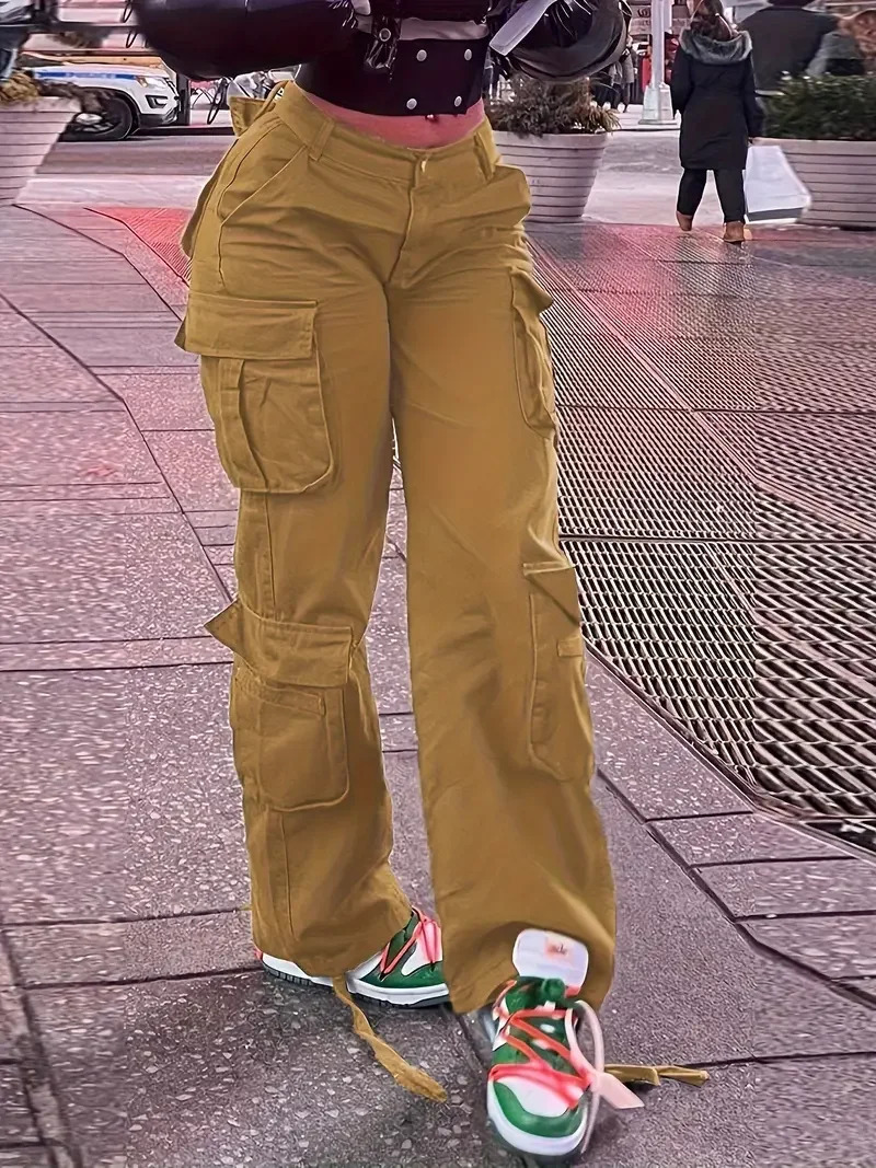 Womens street trend multi pocket cargo jeans casual denim straight leg pants 241023