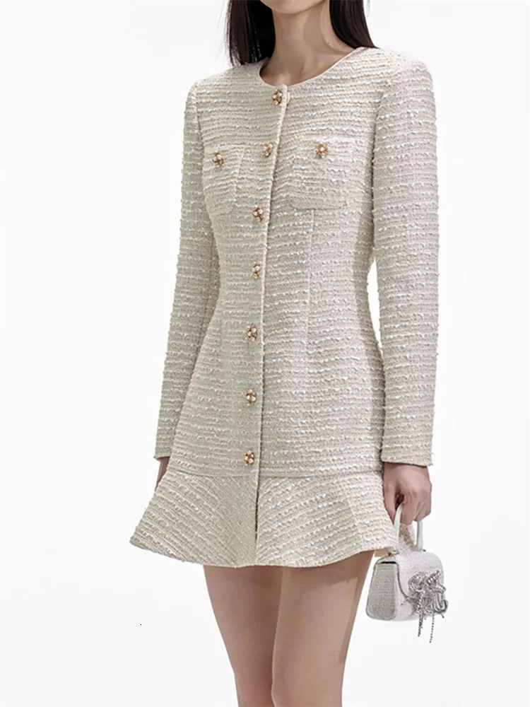 autumn womens coarse tweed pleated mini dress with pearl rhinestone buttons womens round neck long sleeved elegant short dress 241023