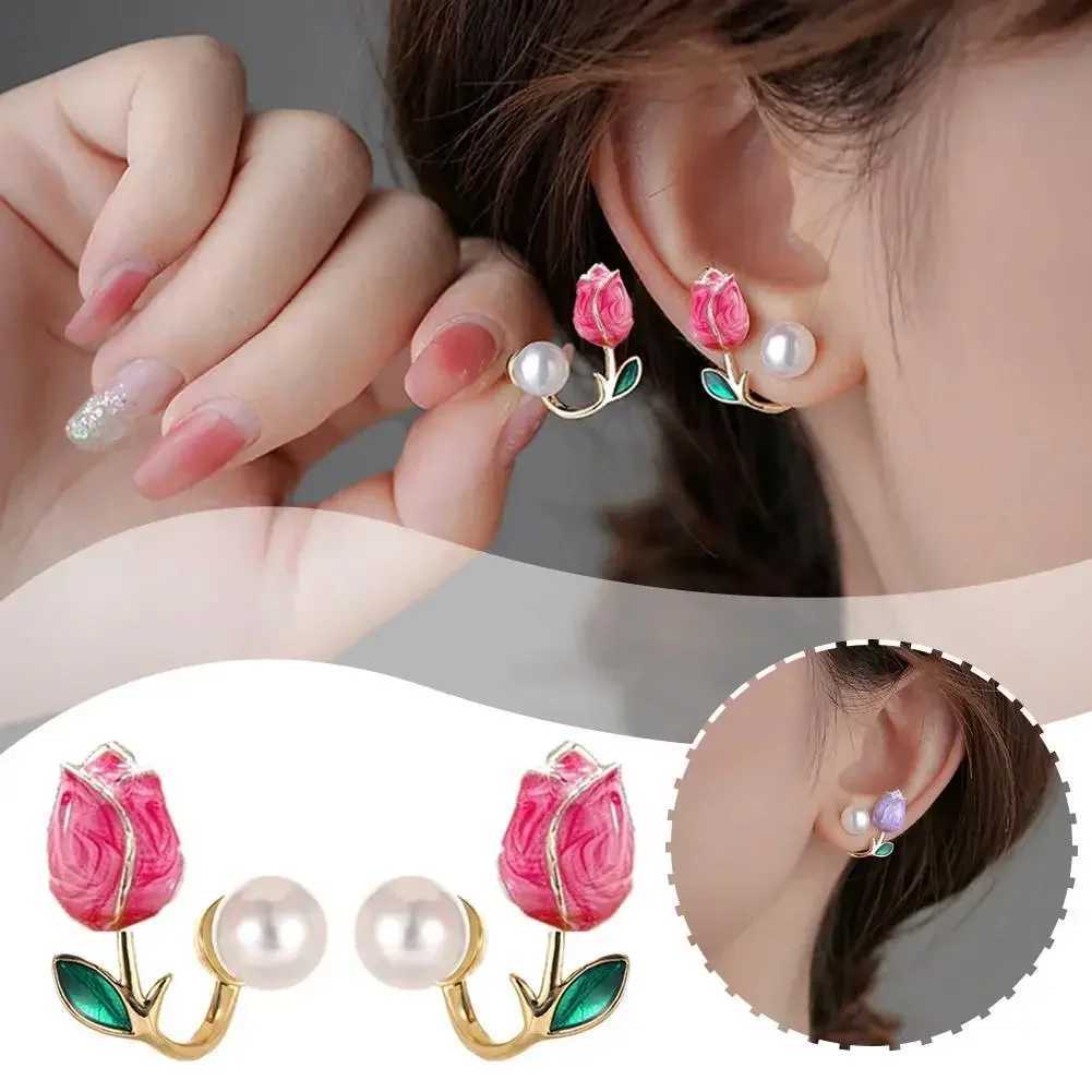 Pink Tulip Imitation Pearl Earrings Rose Color Flower Two Ways To Wear Ear Studs for Girls Daily Wear Women Ear Piercings GiftsX241023