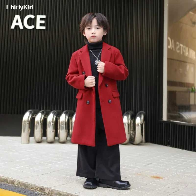 Boys autumn solid fashionable double-layer long wool coat childrens windproof jacket childrens coat thick coat W241023