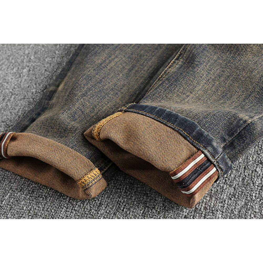 Waist Printed Retro Jeans Men Clothing Washed Distressed Denim Pants Cargo Straight Trousers Casual Wear Oversized Style Fashion