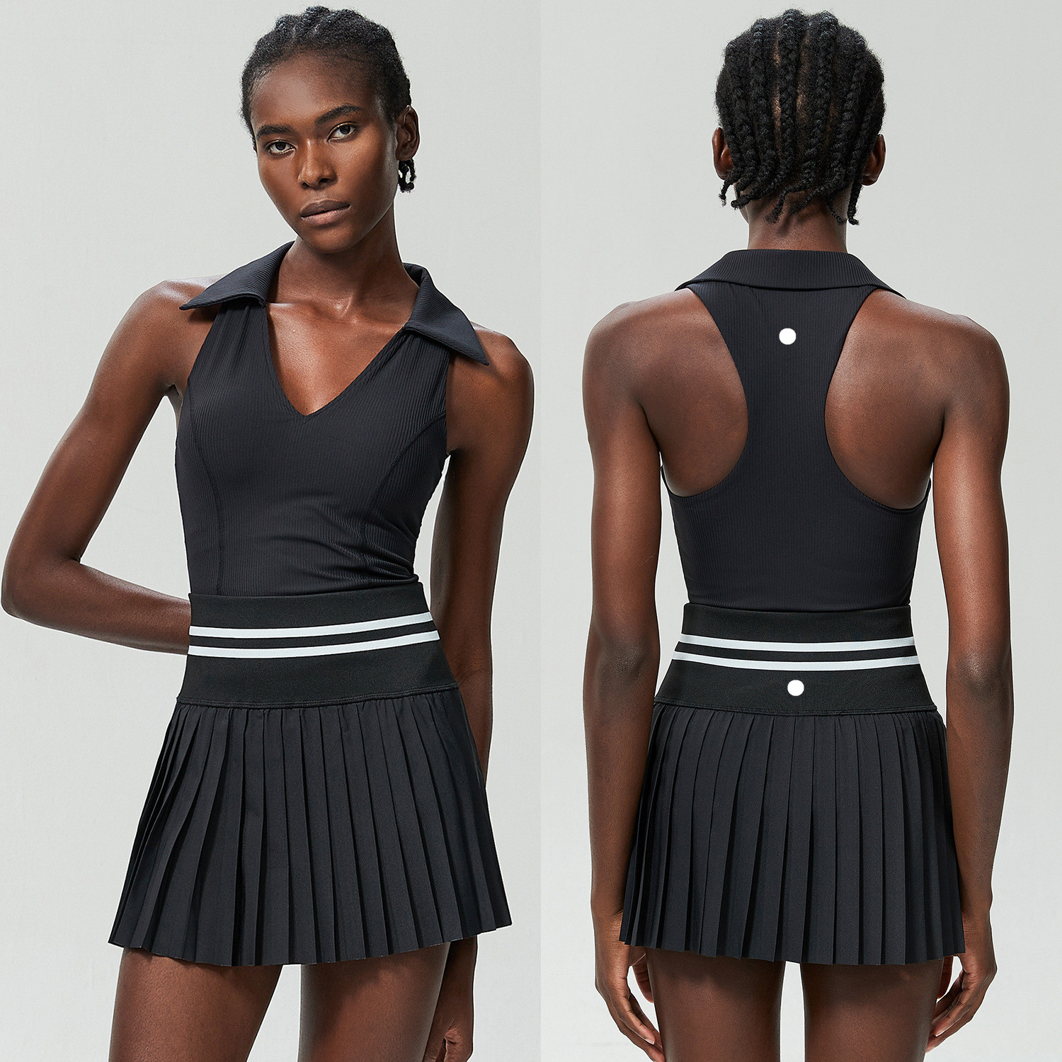 L421 Womens Outfit Yoga Sets Skirts Vest Tennis Sport Running Skirt Elastic High Waist Sportwear Lined Breathable Turn-Down Collar