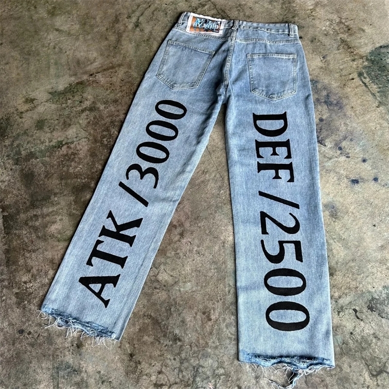 Harajuku Y2K bag jeans blue eyes white anime dragon pattern wide leg jeans street mens clothing 241019CJ