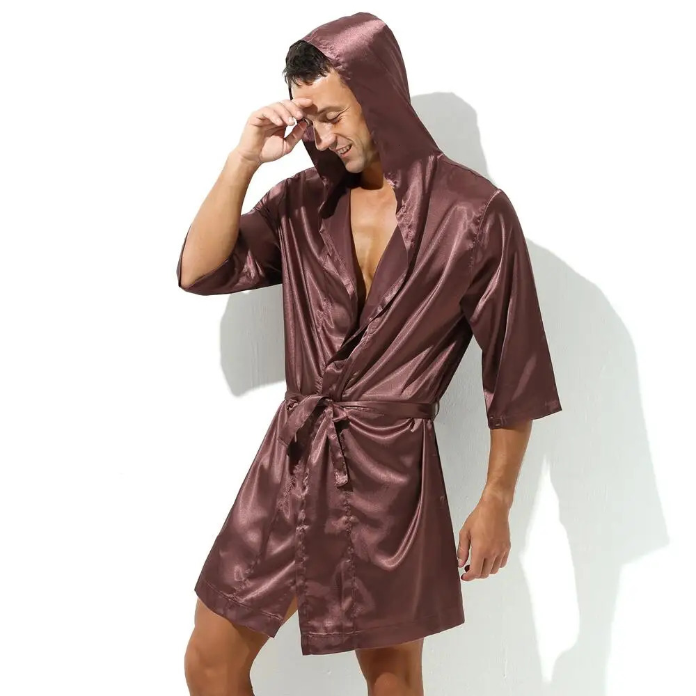 Sexy pajamas mens long robe bathroom soft silk short sleeved pajamas mens pajamas without shorts 241023