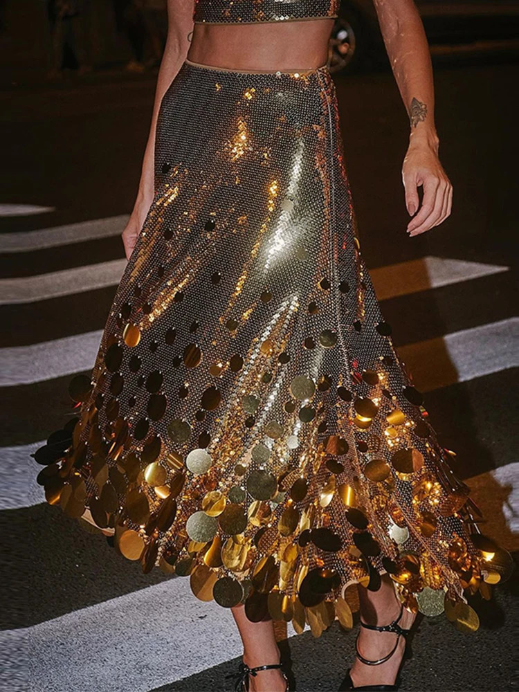 Fashion Sequin 2 Pieces Sets With Skirt Elegant Sleeveless Crop Top High Waist Long Fishtail Skirts Gold Party Evening Lady Suit 241023